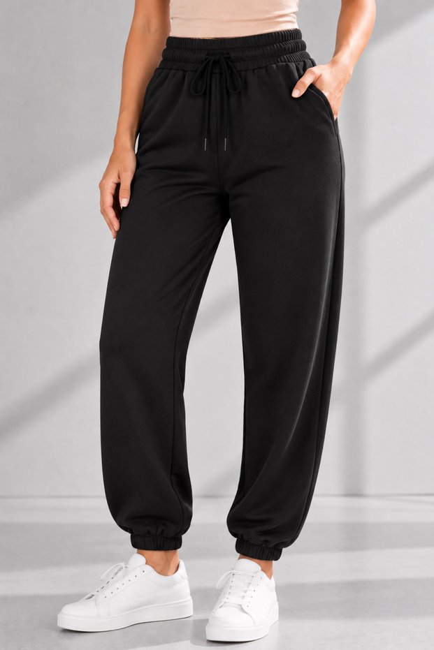 Women's Black Jogger Pants with Elastic Waist, Lace-Up, Pockets, Elastic Cuffs, Relaxed Fit Sweatpants