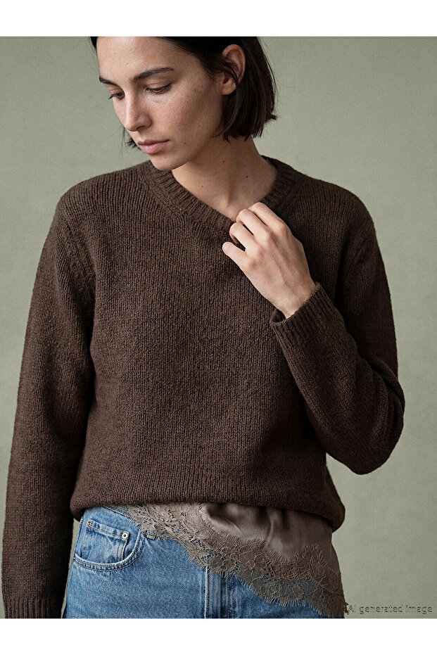 Nevavm Women's Knitwear Sweater with Oval Collar
