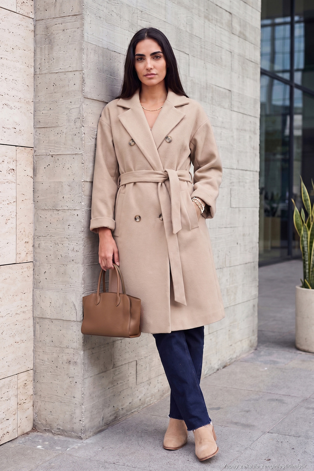 Double-Breasted Collar Buttoned Belted Cashmere Coat Women's Cashmere Coat 611Kbn48
