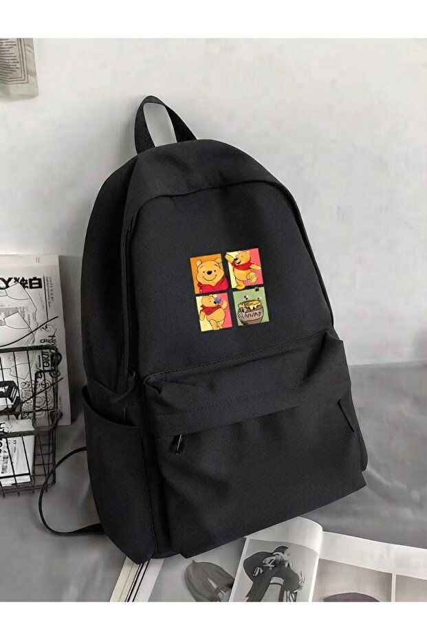 Winnie the Pooh Character Printed Black Unisex Daily Backpack, School Bag