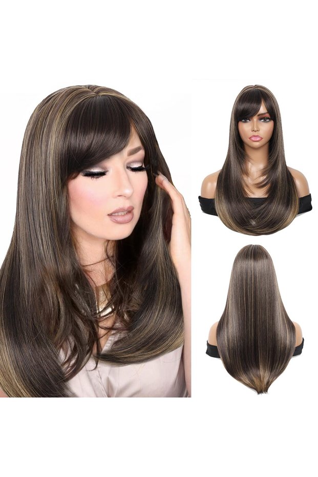 Brown Highlights Yaki Wig, Center Part, Long Straight Layered, Heat Resistant