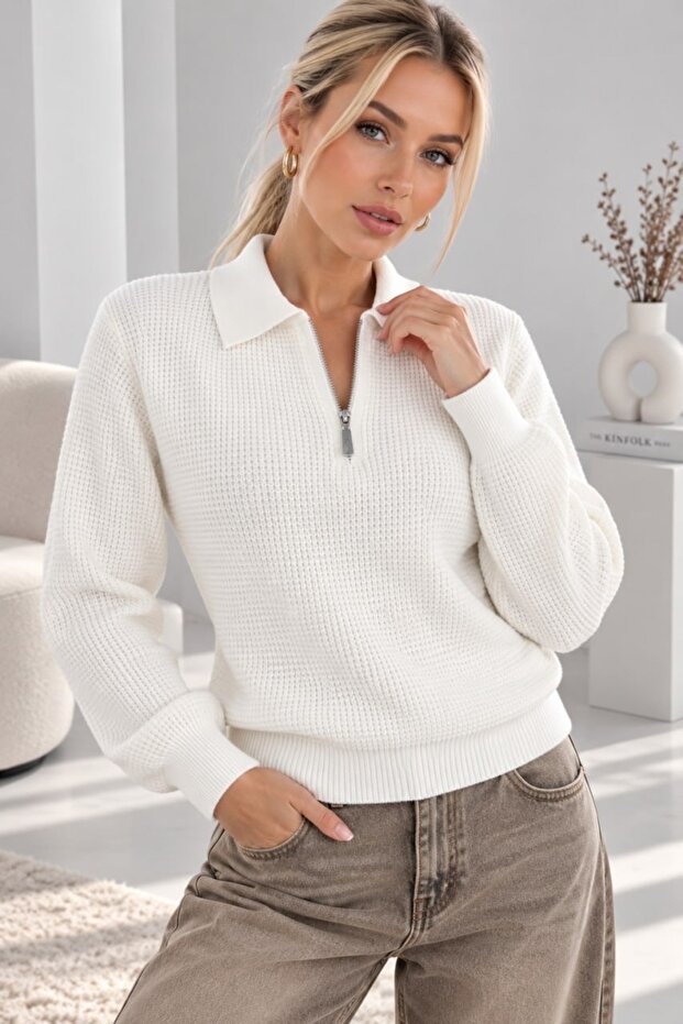 Women's Polo Collar Half Zipper Honeycomb Knit Sweater