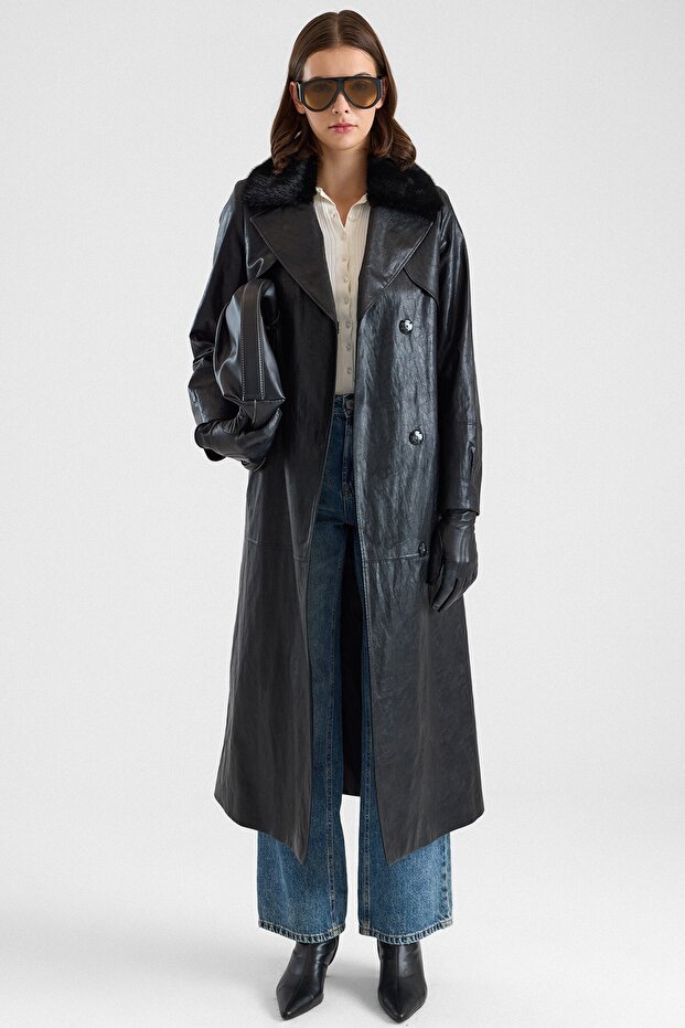 Removable Fur Cape and Buckle Detailed Crush Leather Trench Coat Black 6907
