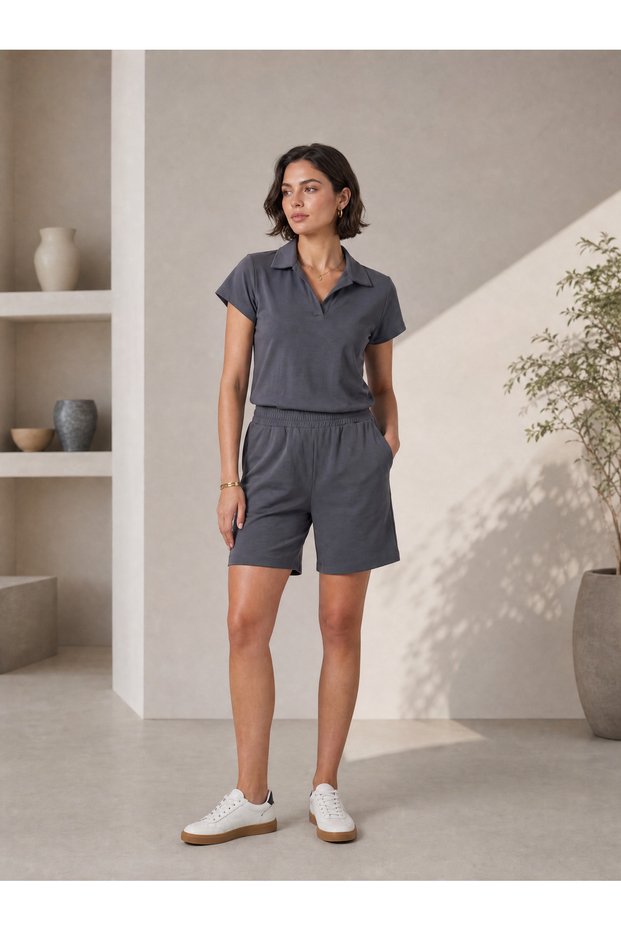 Summer Comfort! Women's Polo Collar Short Sleeve T-Shirt and High Waist Elastic Shorts Two-Piece Set