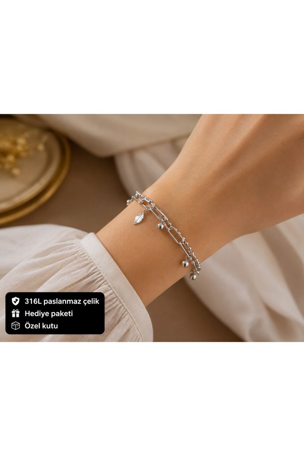 Double Chain Ball Detailed 316L Stainless Steel Women's Bracelet Silver Color