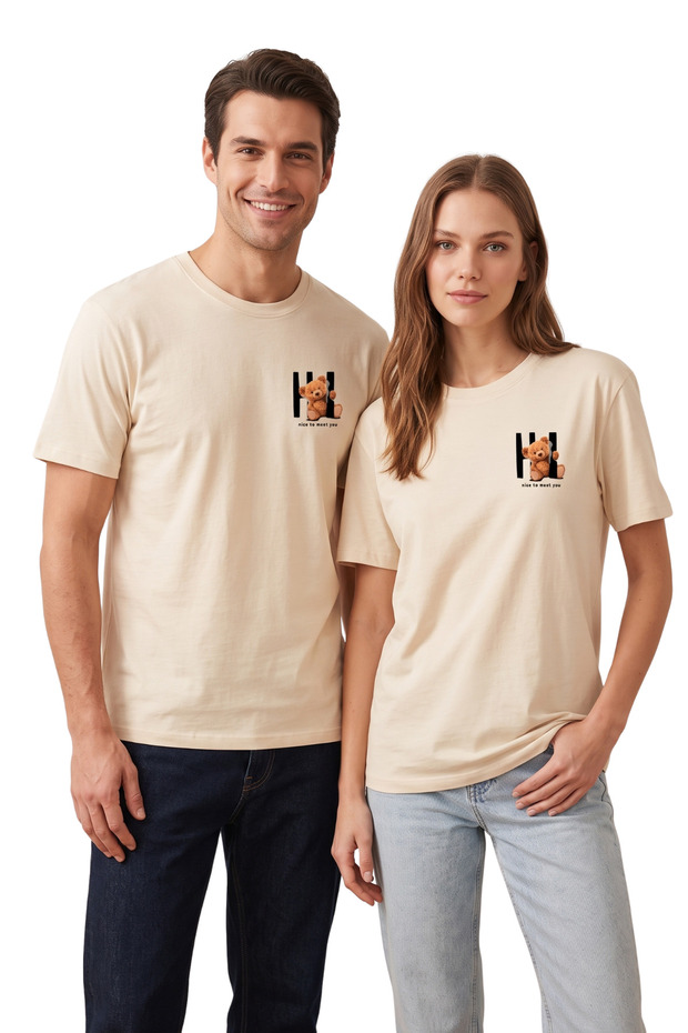 Nice to Meet You Teddy Bear Printed Beige T-Shirt 100% Cotton Comfortable Fit
