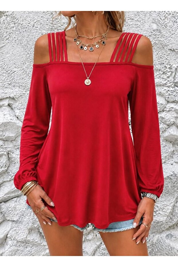 Women's Long Sleeve Viscose Blouse with Open Stripe Detail on the Shoulders