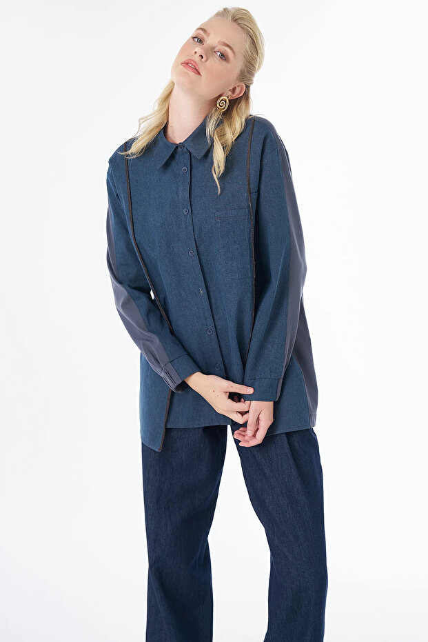 Striped Detailed Washable Tunic Navy Blue
