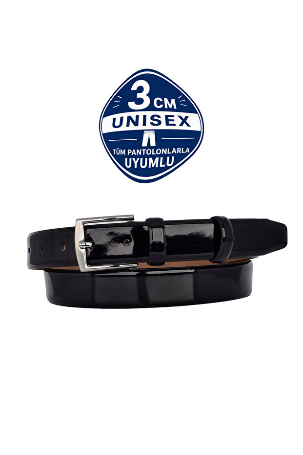100% Genuine Leather Black Patent Leather Classic 3cm Men's Belt, 3cm Women's Belt, Unisex Compatible