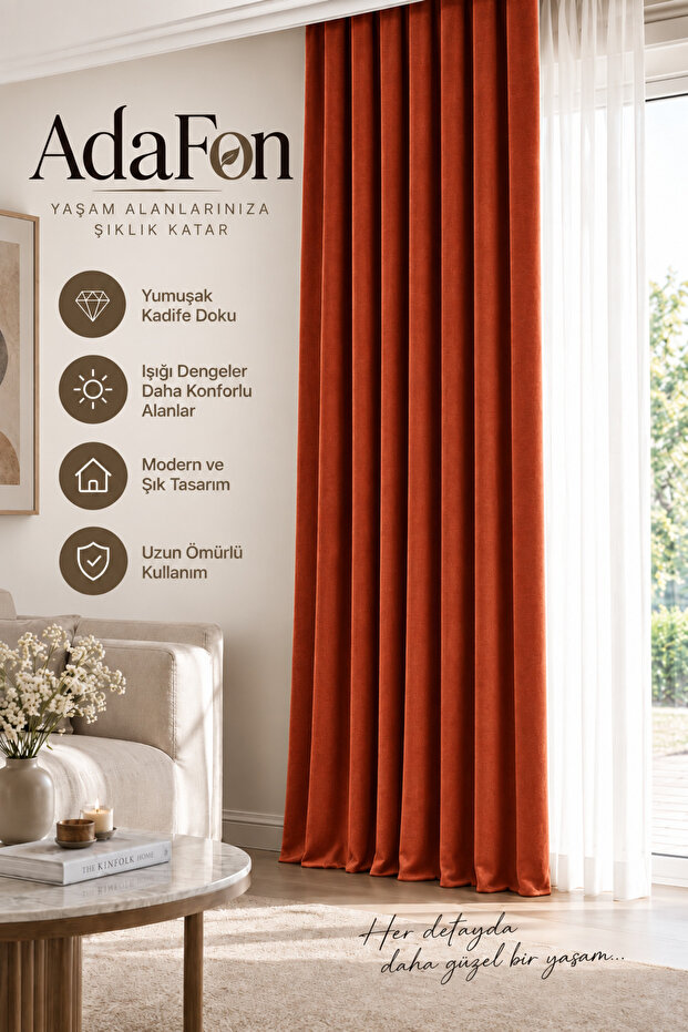 Kiremit Adafon Soft Velvet Textured Cornice Stylish Decorative Living Room Background Curtain