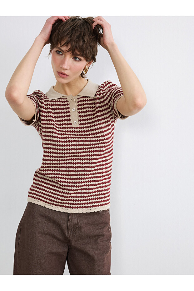 Nevavm Women's Polo Collar Patterned Knitwear Sweater with a Difference