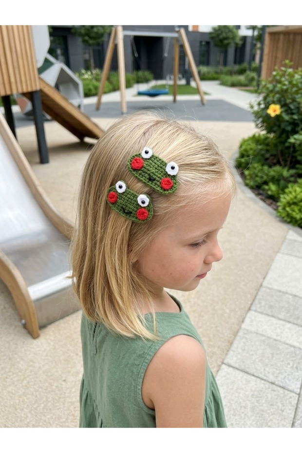 Set of 2 Amigurumi Cute Frog Figured Snap Buckle Hair Clips Organic Cotton Children's Hair Clips