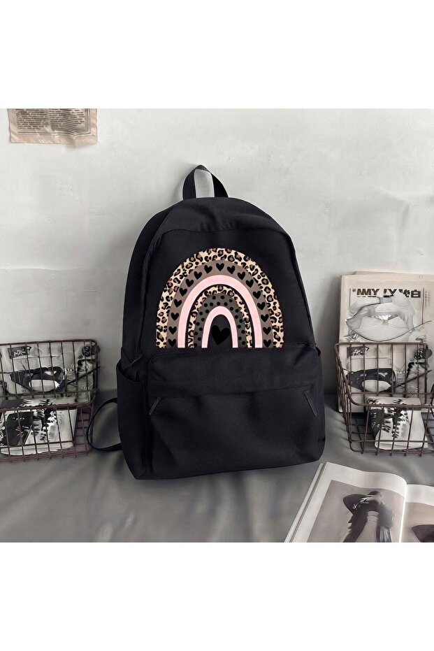 Leopard Pattern and Heart Rainbow Printed Black Unisex Casual Backpack, School Bag