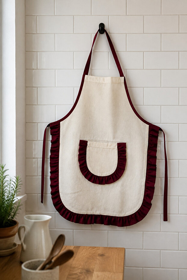 Ruffled Kitchen Apron – Burgundy Detailed Cotton Raw Fabric, Women's Kitchen and Hobby Apron with Pockets