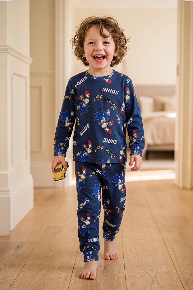 The Hedgehog Super Sonic Patterned 100% Cotton Interlock Fabric Children's Pajama Set