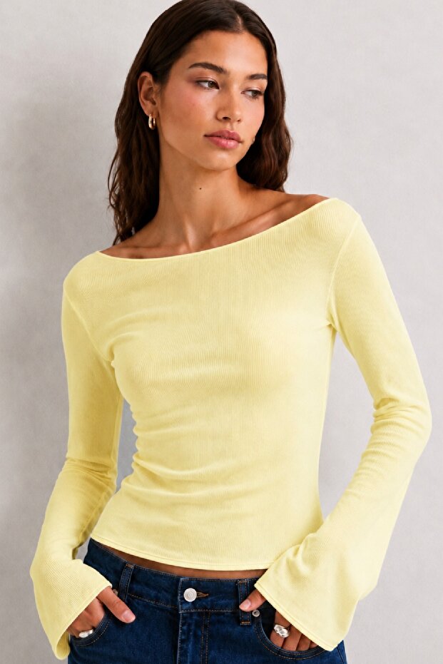 Women's Yellow Boat Neck Wide Sleeve Fitted Stretchy Blouse (91982)