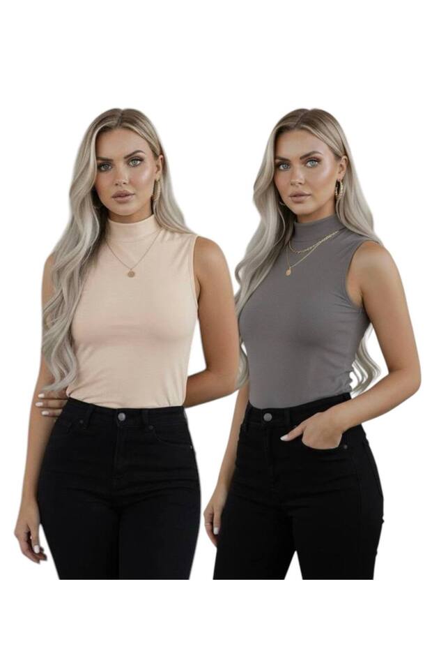 Women's 2-Piece Zero-Sleeve Sleeveless Bodysuit High Neck Viscosa Badi 2 Pieces Fisherman Badi