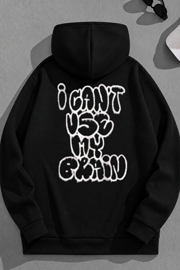Unisex 3 Thread Cotton Black Usemybrain Print Loose Fit Sweatshirt Hoodie