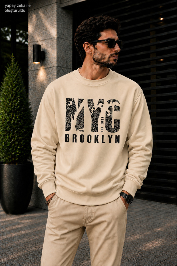 Men's Nyc Brooklyn City Map Printed Cycling Round Neck Casual Sweatshirt