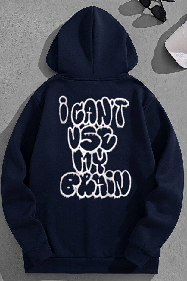 Unisex 3 Thread Cotton Navy Blue Usemybrain Print Loose Fit Sweatshirt Hoodie