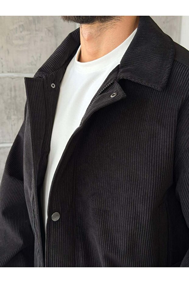 Corduroy Zippered Bomber Jacket Coat S - Black
