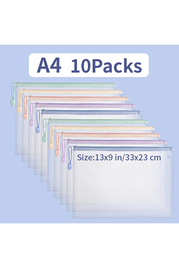 A4 10PCs A4A5 Plastic Mesh Zipper File Bag Waterproof Document Pouch Multi‑Colors for School Office