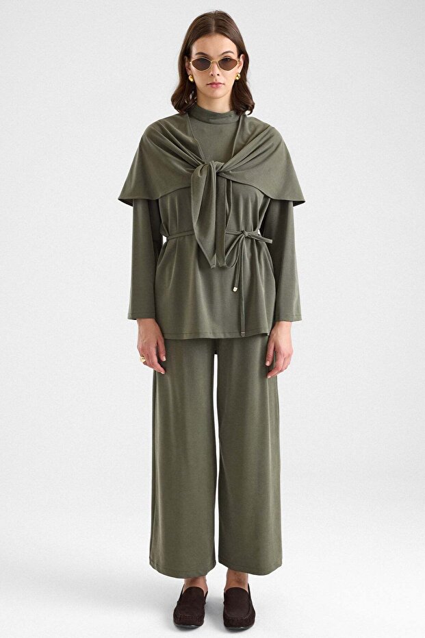 Premium Fabric Tunic Trousers with Shawl Accessories Khaki 9470-Tk