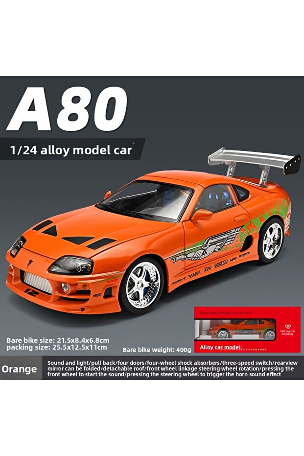 orange-boxed 1:24 Fast & Furious Supra Alloy Diecast Sports Car Model, Pull Back Toy with Light & So