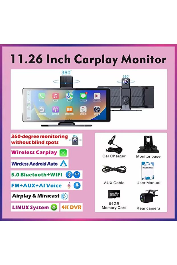 Dual Camera 64G Card Universal Portable Wireless Carplay Screen for Car with Android Auto Touchscree