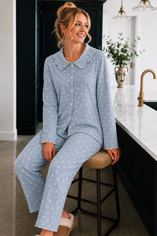 Raporlu Viscose Long Sleeve Patterned Pajama Set