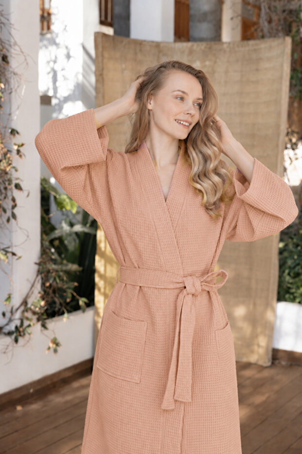 Women's 100% Cotton Waffle Pique Bathrobe – with Pockets and Belt
