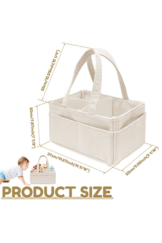 Beige-1Pc Baby Diaper Caddy Organizer Corduroy Diaper Storage Basket with Handle Foldable Multi-pock