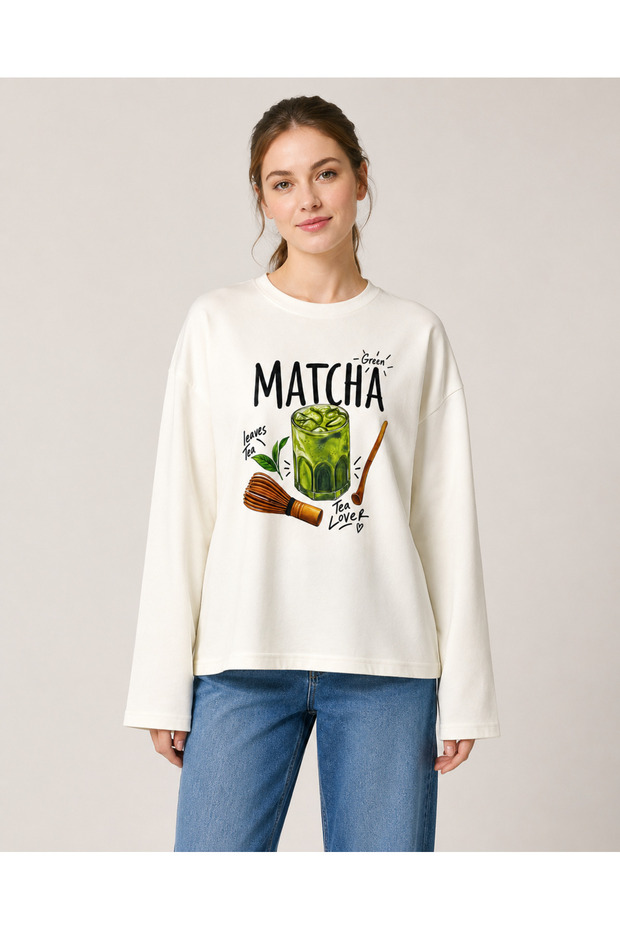 100% Cotton Matcha Printed - Crew Neck Long Sleeve T-Shirt\Blouse