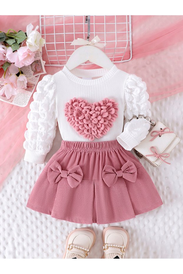2-3Y Pink 2PCS Autumn New Style For Girls 1-3 Years Old, Comfortable And Sweet Bubble Sleeve Love B