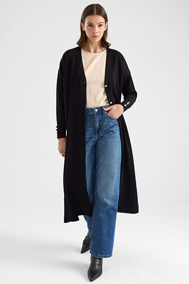 Button Closure V-Neck Long Knitwear Cardigan Black 8291