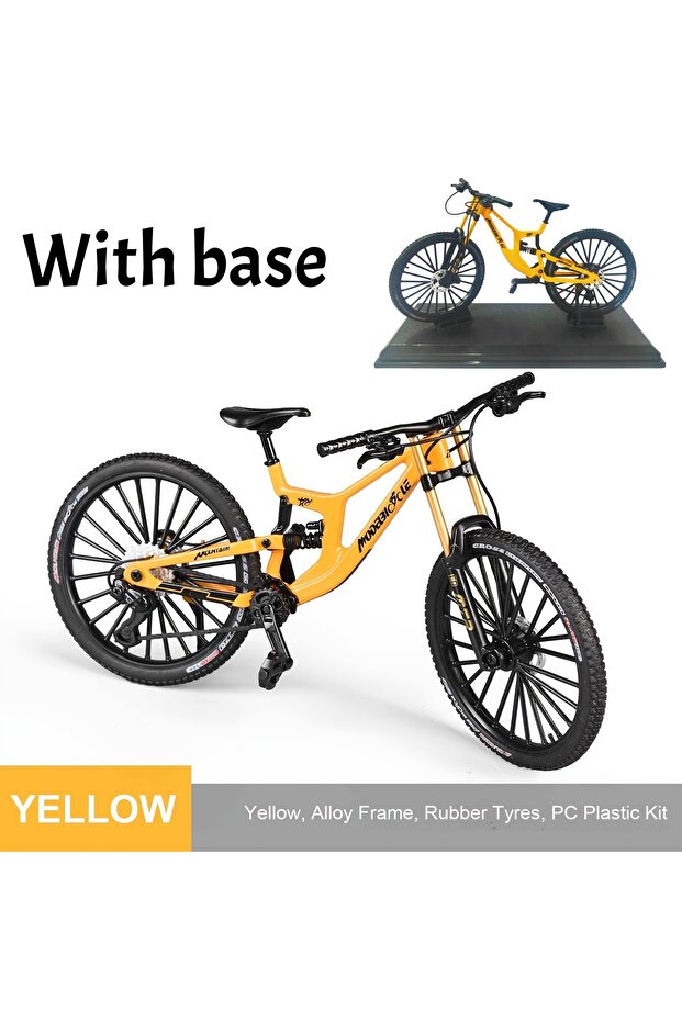 Yellow with base 1:8 Alloy mountain bike model with base - features realistic gears and dual suspens