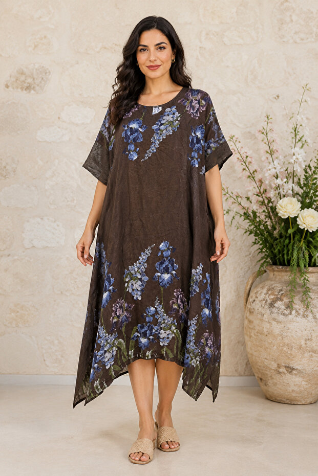 Women's Italian Raw Linen Fabric Patterned Oversize Dress Sleeve Length 20 cm