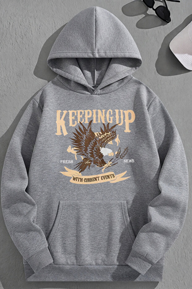 Unisex 3 Thread Cotton Gray Keepingup Print Loose Fit Sweatshirt Hoodie