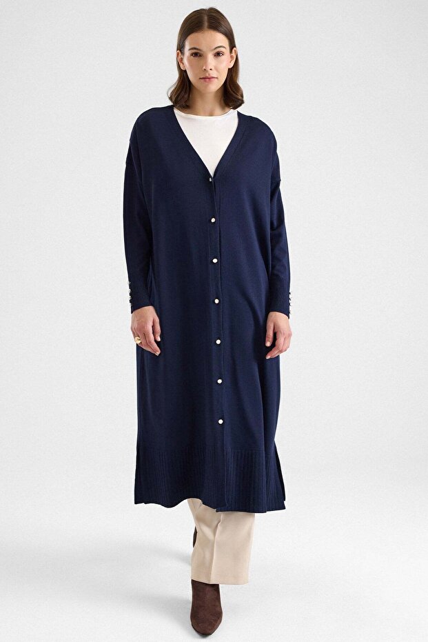 Button Closure V-Neck Long Knitwear Cardigan Dark Blue 8291