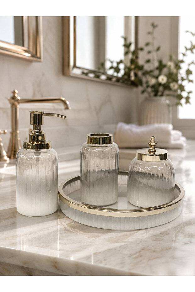 4-Piece Bathroom Accessory Set with Brass Detail – Transparent White Gold