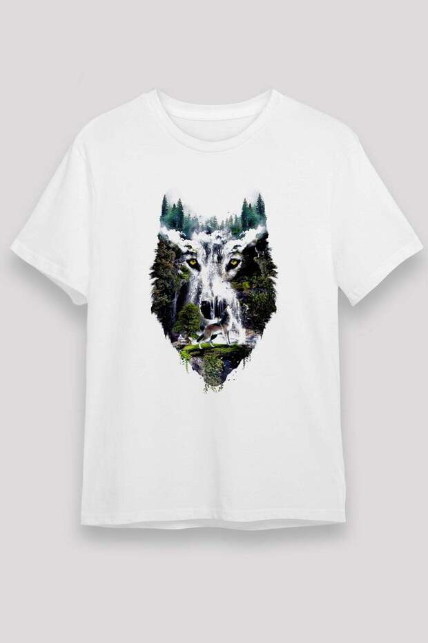 Unisex White T-Shirt with Waterfall and Wolf Print