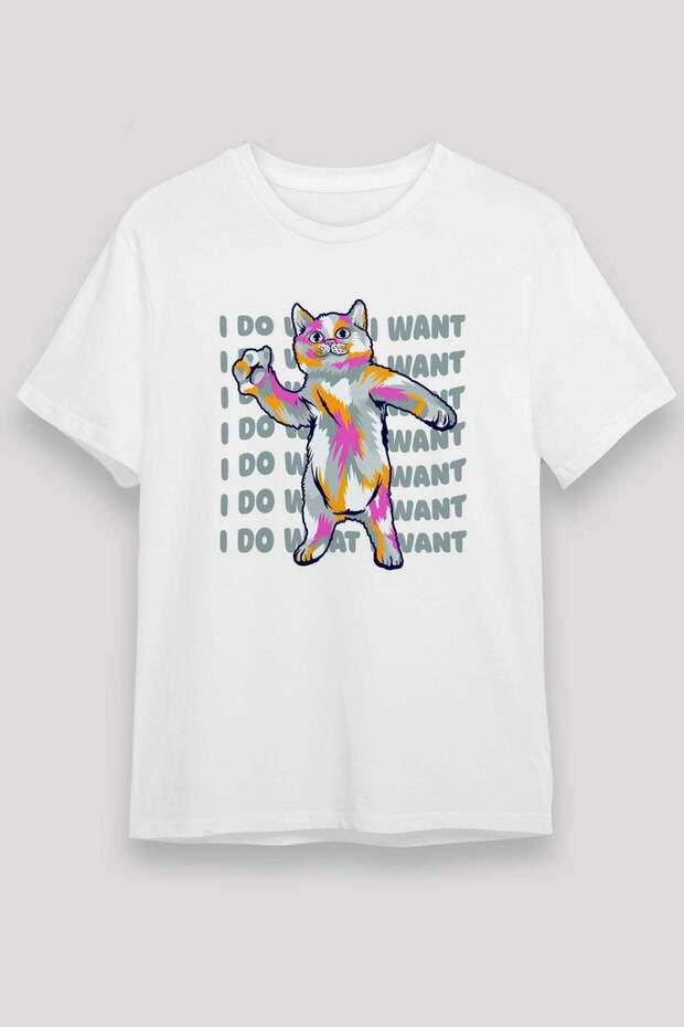 Colorful Cat Printed Unisex White T-Shirt
