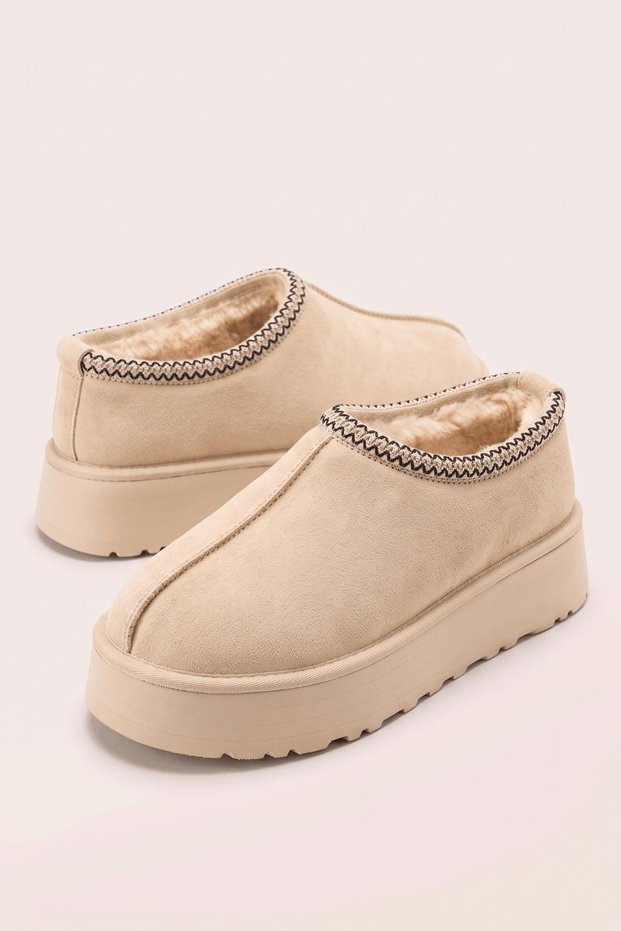 Mini Suede Fur Inside, Embroidered, Thick Sole Women's Ankle Boots Beige