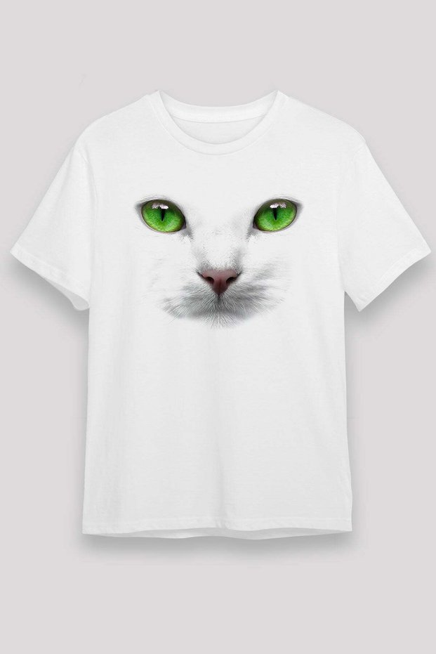 Unisex White T-Shirt with White Cat Print