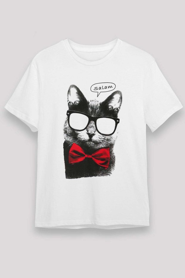 Cute Cat Printed Unisex White T-Shirt with Bow Tie