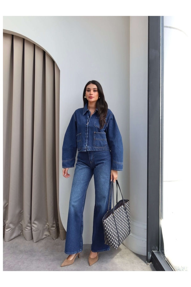 Denim Jacket and Pants Set with Pockets