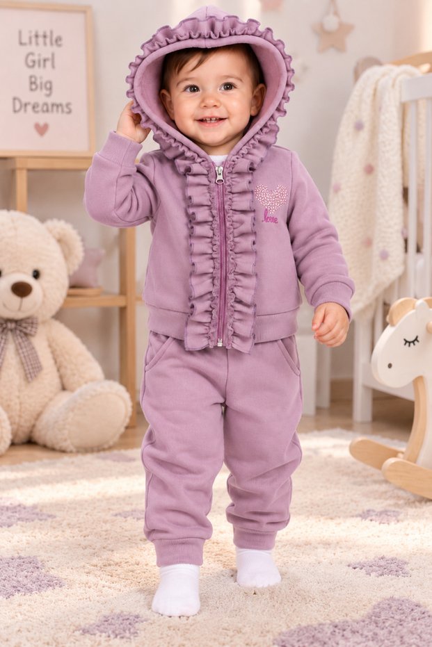 Sweet Baby Girl 3-Piece Winter Tracksuit Set Premium 3-Yarn Ruffled Hooded Top and Bottom Set