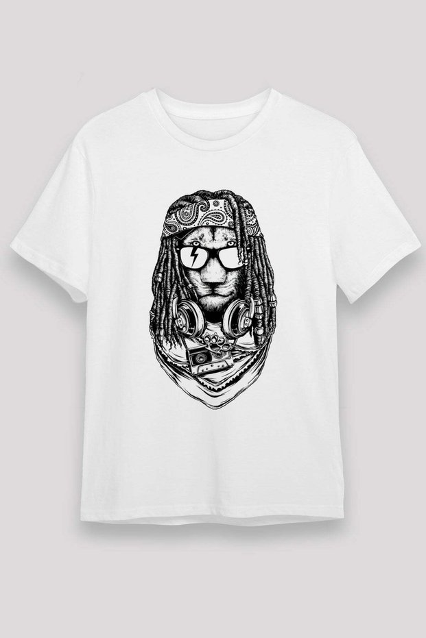 Hippie Lion Printed Unisex White T-Shirt