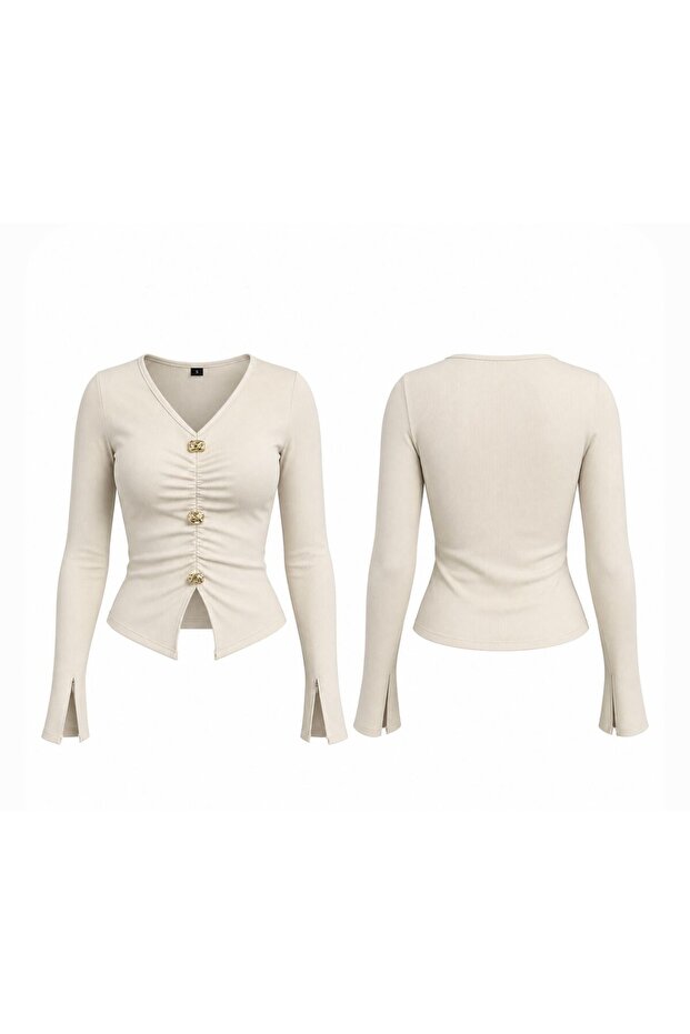 Women's Gathered Accessory Detailed Spanish Sleeve Slit Blouse