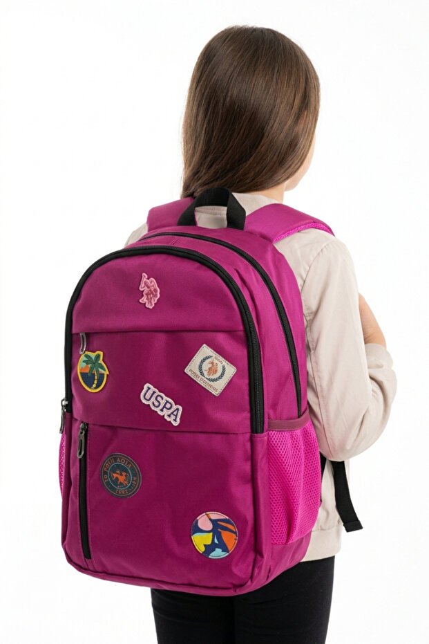 Girl's Backpack with Badge, Multiple Compartments, Zippered Water Bottle Pocket, School Daily Model Plcan 26039